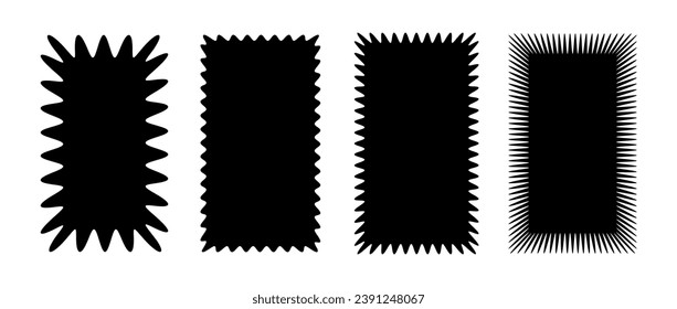 Zig zag edge rectangular shapes collection. Jagged rectangle patches set. Black graphic design elements for decoration, banner, poster, template, sticker, badge, collage, label. Vector illustration