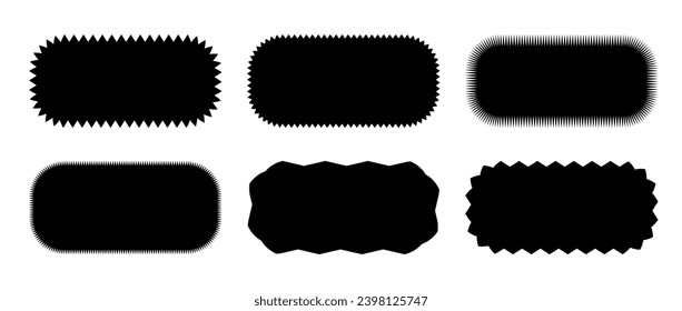 Zig zag edge rounded shape collection. Jagged rough oval elements set. Black graphic design elements for decoration, banner, poster, template, sticker, badge, label, tag, emblem. Vector bundle