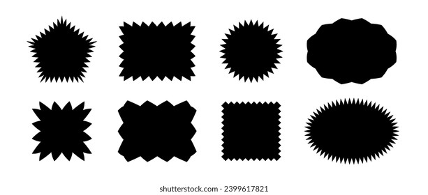 Zig zag edge shape collection. Black jagged rectangle, square, circle, pentagon, ellipse form set. Wavy element pack for banner, poster, sticker, badge, label, tag, flyer. Vector illustration bundle