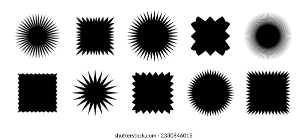 Zig zag edge square and circle shapes collection. Jagged patches set. Black graphic design elements for decoration, banner, poster, template, sticker, badge. Vector