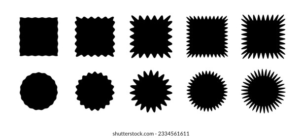 Zig zag edge square and circle shapes collection. Jagged patches set. Black graphic design elements for decoration, banner, poster, template, sticker, badge, collage. Vector illustration