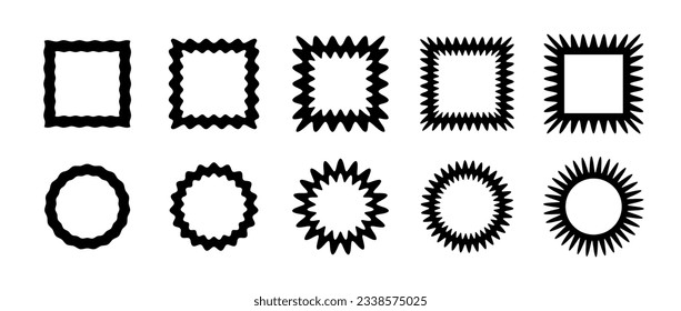 Zig zag edge square and circle frames collection. Jagged geometric border set. Black graphic design elements for decoration, banner, poster, template, sticker, badge, collage. Vector illustration