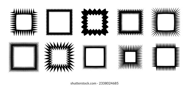 Zig zag edge square frames collection. Jagged shapes set. Black graphic design elements for decoration, banner, poster, template, sticker, badge. Vector