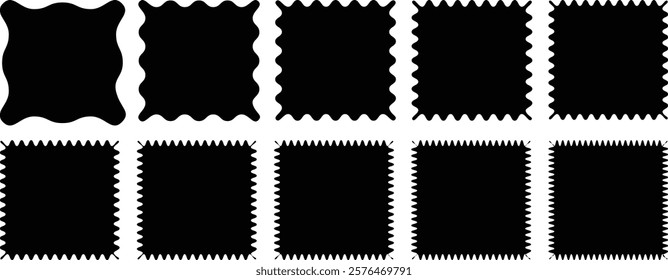 Zig zag edge square and rectangle shape collection. Black grunge jagged square frames. Vector torn paper sheet for sticker, collage, banner. Ripped shapes silhouettes on transparent background.