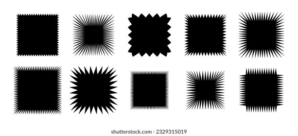 Zig zag edge square shape collection. Jagged elements set. Black graphic design elements for decoration, banner, poster, template, sticker, badge. Vector