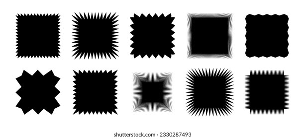 Zig zag edge square shape collection. Jagged patches set. Black graphic design elements for decoration, banner, poster, template, sticker, badge. Vector