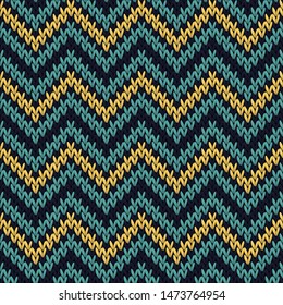 Zig zag knitted seamless pattern vector design. Gold blue winter jumper knitwear fabric print. Nordic pullover knitted seamless pattern in traditional christmas style.