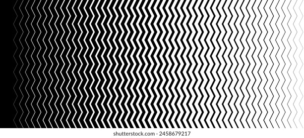 Textura de gradación de semitonos en zigzag line. Desvanecer fondo degradado de franjas de cheurón. Fondo de patrón de repetición. Fondo negro de rayas finas a gruesas para superposición, impresión, cubierta, Diseño gráfico. Vector