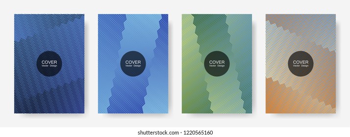 Zig zag lines halftone banner templates set, vector backgrounds for   scientific covers. Digital zig zag gradient line stripes composition. Presentation backgrounds set.
