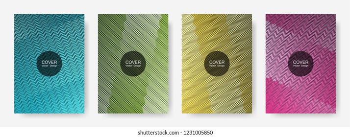 Zig zag lines halftone banner templates set, vector backgrounds for   catalog covers. Minimalistic zig zag gradient line stripes composition. Brandibng banner templates.