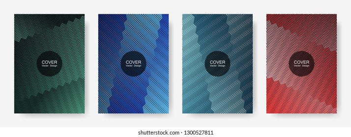 Zig zag lines halftone banner templates set, vector backgrounds for   magazines. Geometric zig zag gradient line stripes composition. Advertising placard pages.