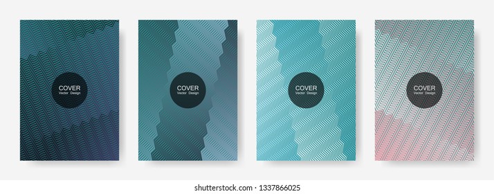 Zig zag lines halftone banner templates set, vector backgrounds for   booklet covers. Minimalist zig zag gradient line stripes composition. Advertising placard pages.