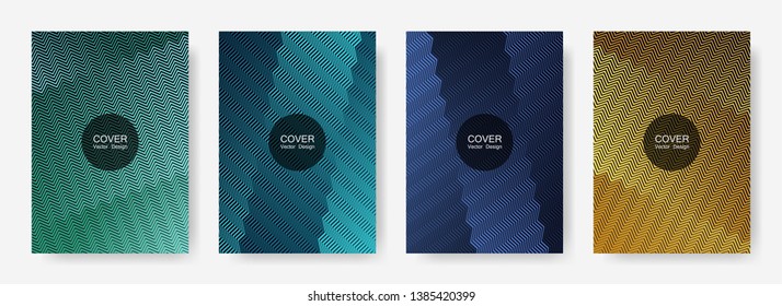 Zig zag lines halftone banner templates set, gradient stripes texture vector backgrounds for   brochure covers. Digital zig zag gradient line stripes composition. Brandibng banner templates.