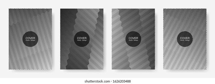 Zig zag lines halftone banner templates set, vector backgrounds for   brochure covers. Trendy zig zag gradient line stripes composition. Advertising banners set.