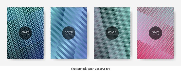 Zig zag lines halftone banner templates set, gradient stripes texture vector backgrounds for   business covers. Trendy zig zag gradient line stripes composition. Advertising placard pages.