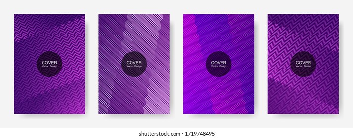 Zig zag lines halftone Banner Templates Set, Vektorhintergründe   Deckschicht-Layouts. Digitale Zag Farbverlauf-Linie Streifen Zusammensetzung. Corporate Folder-Design.