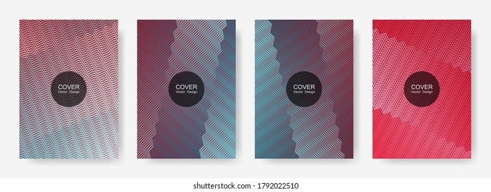 Zig líneas de zag conjunto de plantillas de banner de semitono, bandas de degradado textura vectorial fondo para   portadas del catálogo. Composición de franjas de línea de gradiente de zag de zig geométrico. Banners publicitarios listos.