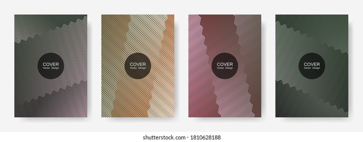 Zig líneas zag semitonos plantillas de banner set, fondos vectoriales para   informes anuales. Composición futurista de rayas de gradiente de zag en zig. Diseño de carpetas corporativas.