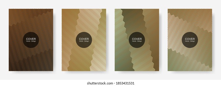 Zig líneas zag semitonos plantillas de banner set, fondos vectoriales para   revistas. Composición de rayas de línea de degradado de zag en zig de moda. Banners publicitarios listos.
