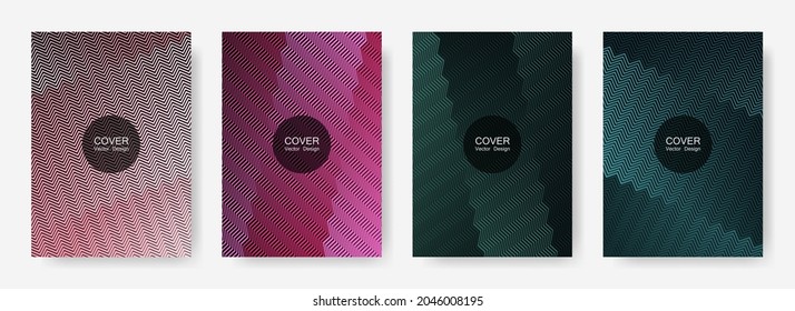 Zig zag lines halftone banner templates set, vector backgrounds for   catalog covers. Simple zig zag gradient line stripes composition. Poster backdrops collection.
