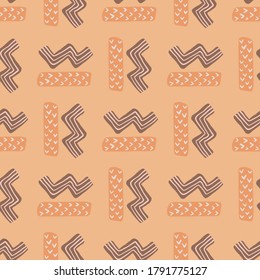 Zig zag and rectangle geomery figures seamless pattern. Abstract simple artwotk in beige and purple tones. Decorative backdrop for wallpaper, textile, wrapping paper, fabric print. Vector illustration