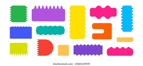 Zig zag shape stamp, frame corrugated, wavy border, sticker wave edge, curvy badge, colorful silhouette geometric form isolated on white background. Vector illustration