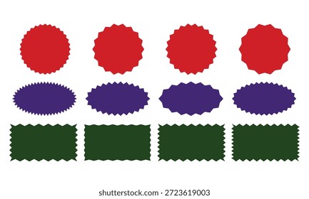  Formas de ziguezague para adesivos, emblemas, rótulos, banners. Coleção de formas de retângulo de borda em ziguezague.Conjunto de Ziguezague e Formas coloridas.Retângulos de Borda Ondulada Coloridos definidos. Quadro em ziguezague. Moderno crianças brincalhão Quadros retangulares conjunto