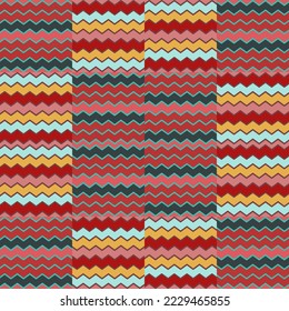 Zig zag stripes seamless pattern. Hand drawn wave lines mosaic ornament. Retro stripe print wallpaper. Vintage design for fabric, textile, wrapping paper, cover. Vector illustration