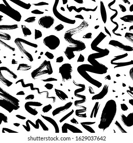 Zig zag, swirls and dots vector seamless pattern. Hand drawn brush strokes abstract background. Ink wavy brushstrokes, circles, blots and splotches. Seamless texture for wallpaper, wrapping paper