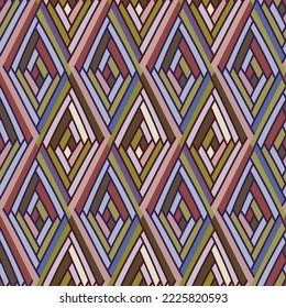 Zig zag tile ornament. Hand drawn rhombus mosaic seamless pattern. Vintage boho background. Freehand stripes wallpaper. Geometric design for fabric, textile print, wrapping paper, cover.