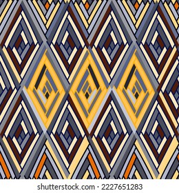 Zig zag tile ornament. Hand drawn rhombus mosaic seamless pattern. Vintage boho background. Freehand stripes wallpaper. Geometric design for fabric, textile print, wrapping paper, cover.