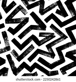 Zig zag vector seamless pattern. Brush drawn thick brush strokes. Intricate black and white ornament. Seamless pattern with chaotic geometric lines. Zig zag bold stripes with dry grunge texture.