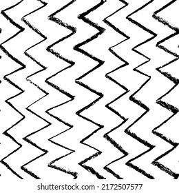 Zig zag senkrechte Kohlelinien Vektor nahtloses Muster. Abstrakte geometrische Zickzackschmuck handgezeichnet. geometrische Kreideelemente im Doodle-Stil. Wiederholung minimalistischer schwarz-weißer Textur. 