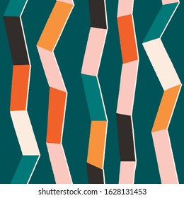 Zig zag with vertical stripes contemporary collage seamless pattern in vector with 60s color palette.