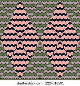 Zig zag wave seamless pattern. Hand drawn lines mosaic ornament. Retro stripes print wallpaper. Vintage design for fabric, textile, wrapping paper, cover. Vector illustration