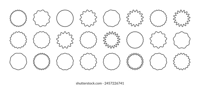 Juego de Formas Zig zag Wavy Edge Line Circle. Formas redondeadas geométricas dentadas con contorno de Vector. Wiggly marco para la Plantilla, pegatinas, sello, diseño promocional, Diseño web y redes sociales