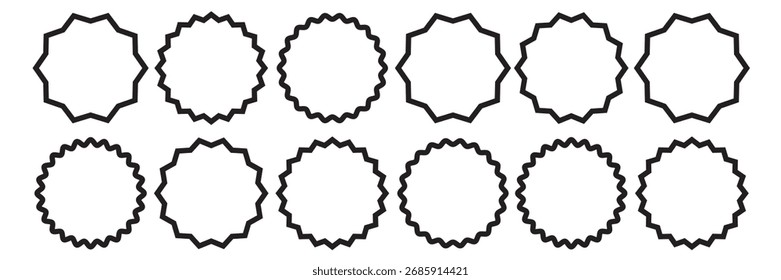Zig Zag Wavy Edge Outline Circle Shapes Set. Zig Zag runde Rahmen. Gruppe von gezackten Rechteck-Umrissformen. Rechteckiger Rahmen mit Zickzack-Rand. Schwarz unterstreicht wellenförmige Kurve Zickzack-Linienmuster.