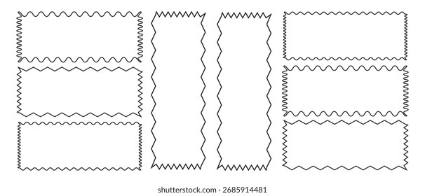 Zig Zag Wavy Edge Outline Circle Shapes Set. Zig Zag runde Rahmen. Gruppe von gezackten Rechteck-Umrissformen. Rechteckiger Rahmen mit Zickzack-Rand. Schwarz unterstreicht wellenförmige Kurve Zickzack-Linienmuster.