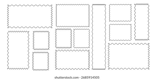 Zig Zag Wavy Edge Outline Circle Shapes Set. Zig Zag runde Rahmen. Gruppe von gezackten Rechteck-Umrissformen. Rechteckiger Rahmen mit Zickzack-Rand. Schwarz unterstreicht wellenförmige Kurve Zickzack-Linienmuster.