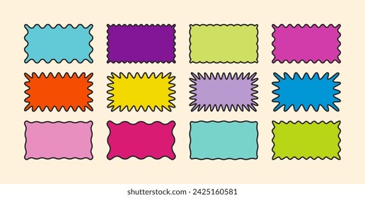 Conjunto de formas de rectángulo de borde ondulado Zig zag. Vector geométrico dentado rectangular. Elementos abstractos para plantilla, pegatinas, diseño promocional, diseño web y redes sociales