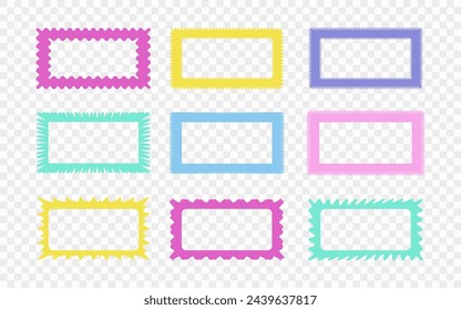 Zick-Zack-Wellenrand Rechteck Rahmen Icon Set. Abstrakte bunte Ränder mit gezackten Kanten. Vektor-Illustration von Silhouette-Rohling für Karte, Poster, Flyer, Aufkleber, Vorlage, Abzeichen