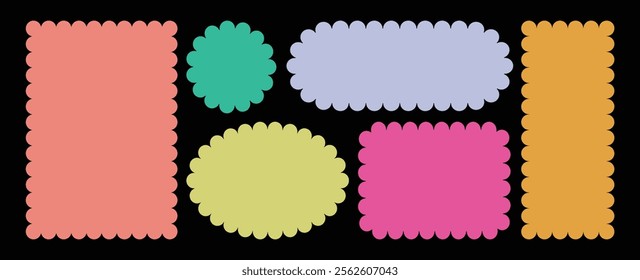 Zig zag Wavy Edge Rectangle, Round, Oval, Circle Stickers Set. Vector Jagged Geometric Shapes. Abstract Elements for Frame, Stamp, Template, Promo Design, Web Design.