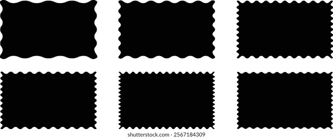 Zig zag Wavy Edge Rectangle Shapes Set. Tags, labels, stamps, crackers, coupons rectangle boxes with curvy, wiggly, wavy edges isolated on white background. Vector flat illustration.