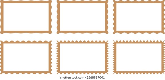 Zig zag wavy edge rectangle frame or border shapes set. Abstract elements for template, stickers, promo material, web or social media design .Vector set of square wavy frames with scalloped edges.