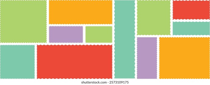 Zig zag Wavy Edge Rectangle, Oval, Circle Stickers Set. Vector Jagged Geometric Shapes. Colorful zigzag shapes. Abstract Elements for Frame, Stamp, Template, Promo Design, Web Design and Social Media