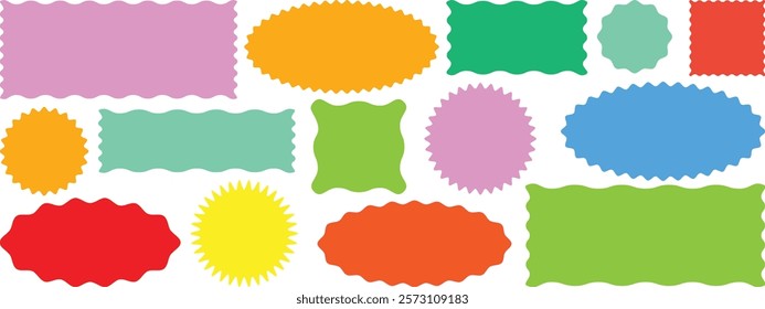 Zig zag Wavy Edge Rectangle, Oval, Circle Stickers Set. Vector Jagged Geometric Shapes. Colorful zigzag shapes Abstract Elements for Frame, Stamp, Template, Promo Design, Web Design and Social Media