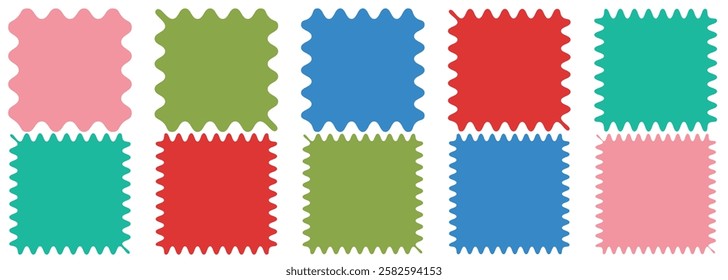 Zig zag Wavy Edge Rectangle, Scallop edge border and frame, Square circle and rectangle shape. Simple label and sticker form. Vector illustration isolated on white background.