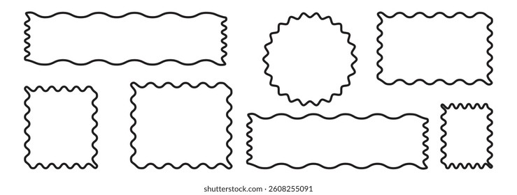 Zig zag wavy edge rectangle frame or border shapes set. jagged geometric rectangular. Abstract elements for promo material, web template, stickers, or social media, Vector illustration.