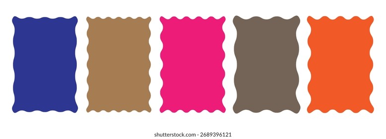 Zig zag wavy edge rectangle frame or border shapes set. Rectangular shapes with wiggly borders. Picture or photo frames, empty text boxes, tags, labels. Vector graphic illustration.