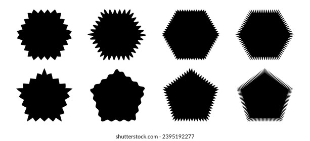 Zig zag and wavy edge shape collection. Jagged pentagon and hexagon element set. Black graphic design pack for decoration, banner, poster, template, sticker, badge, label, tag, flyer. Vector bundle